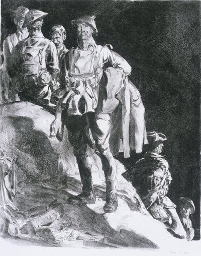 Compagnia in attesa di soccorso, il Bruco, vicino a Ville-sur-Ancre, 1918 da Will Dyson